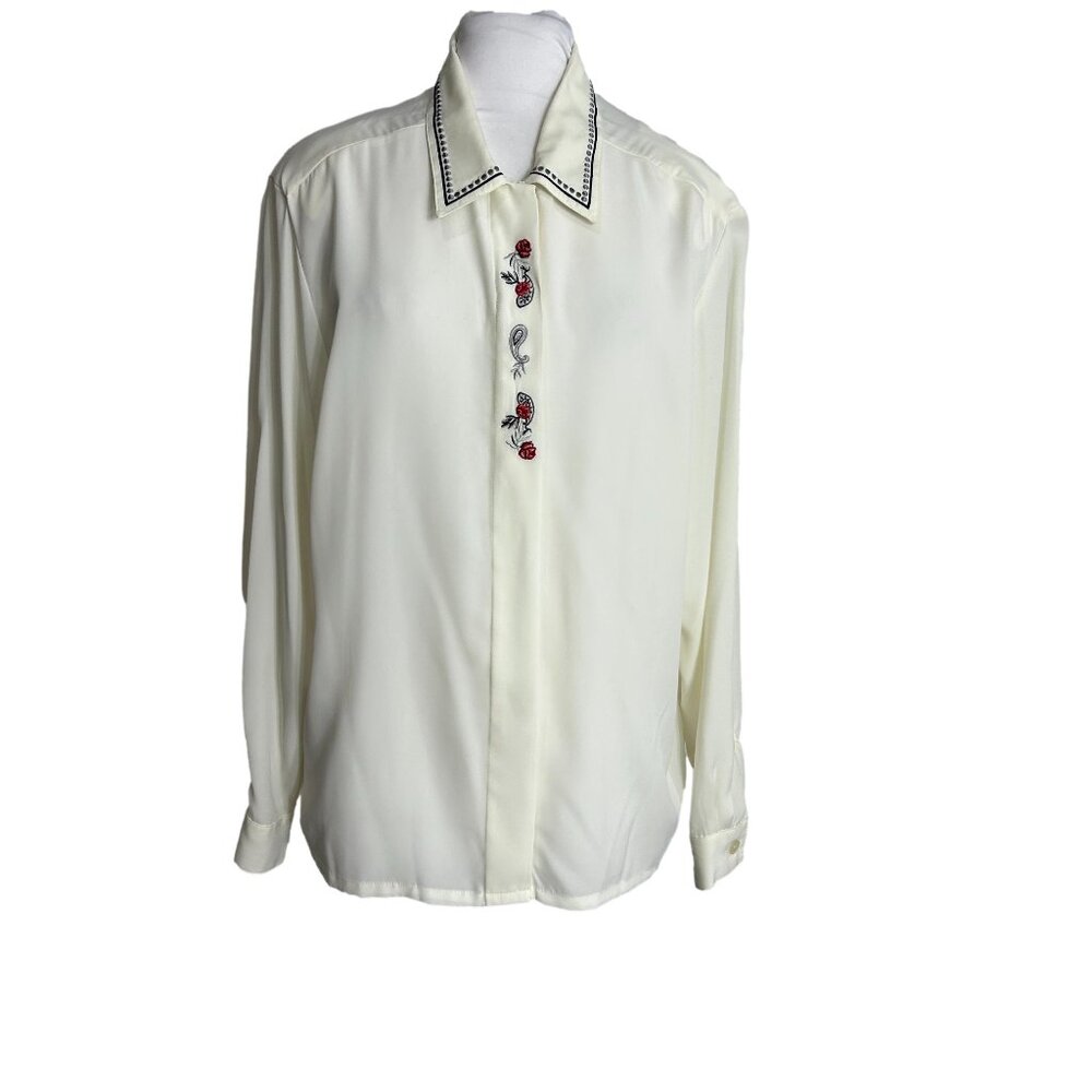 Vintage Koret Womens Size 14 Blouse Red Roses Embroidered Romantic Ivory